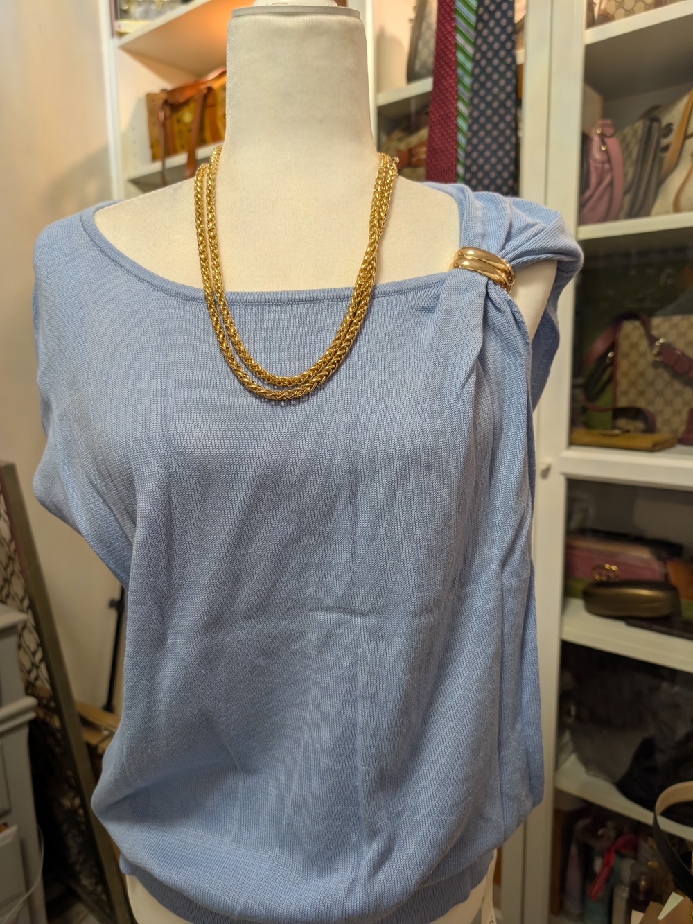 NWT Light Blue Draped Shoulder Knit Tank Top